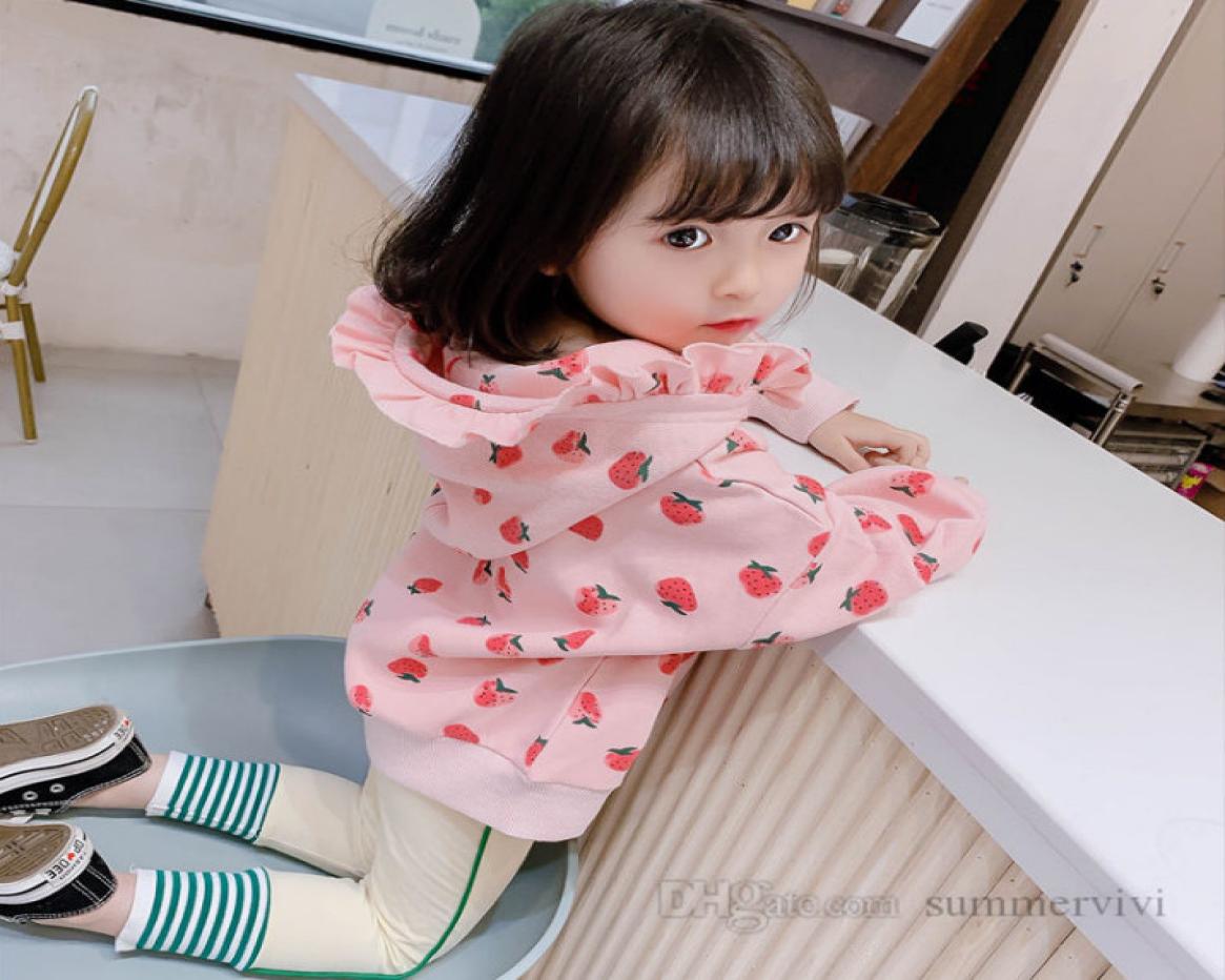 

Sweet girls strawberry printed sweatshirt kids ruffle hooded long sleeve pullover autumn children big pocket jumper Q19694238880, Pink