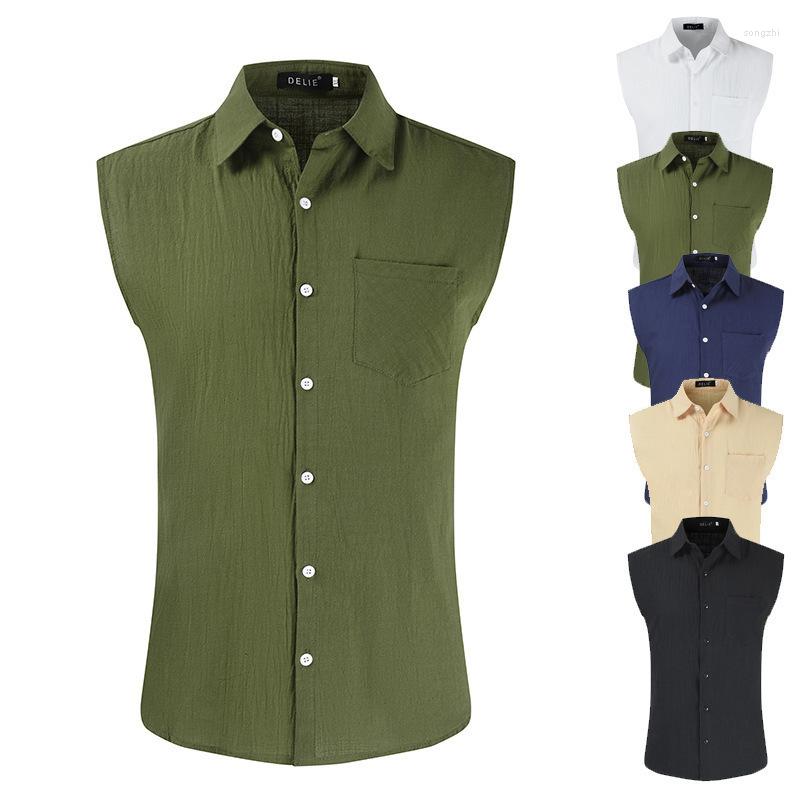 

Men' T Shirts 2023 Summer Casual Men' Sleeveless T-shirt Cotton Linen Cardigan Fashion Shirt Menswear, Khaki