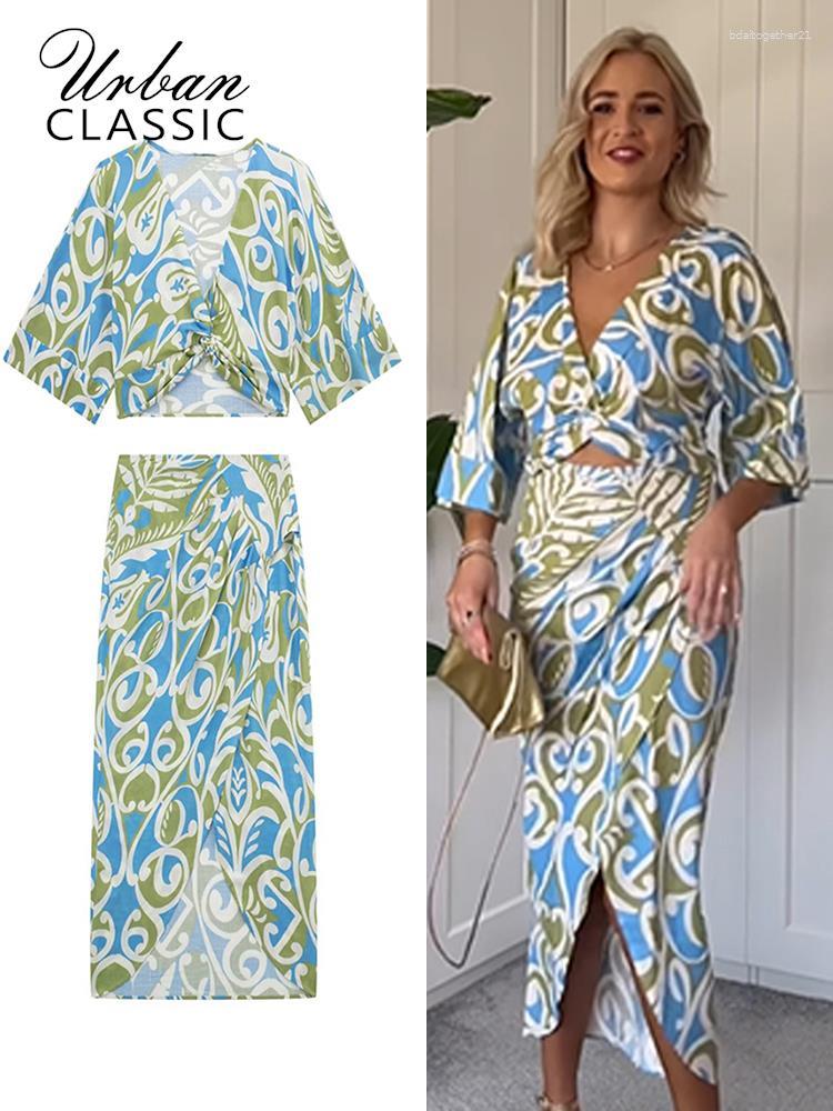 

Work Dresses Printed Linen Crop Top Skirt 2 Pieces Set Women 2023 Summer V-neck Half Sleeve Shirt With Knot Female Casual Slim Midi Skirts