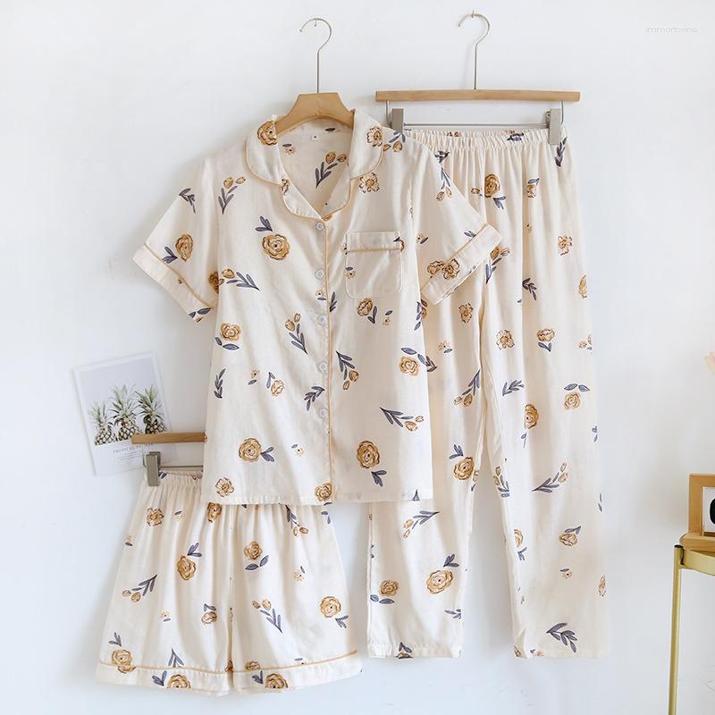 

Women's Sleepwear 3PCS Summer Short Sleeve Laple Top Loose Shorts Trousers Sleep Wear Suit Gauze Cotton Fresh Floral Thin Loungewear, Rose