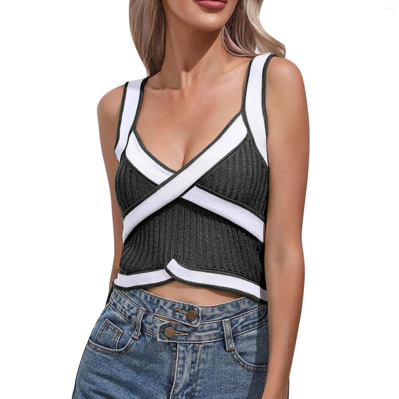 

Women' Tanks Women Knitted Crop Tops Strapy Casual Camis Sleeveless V-Neck Tank Cute Patchwork Beach 2023 Summer, Black