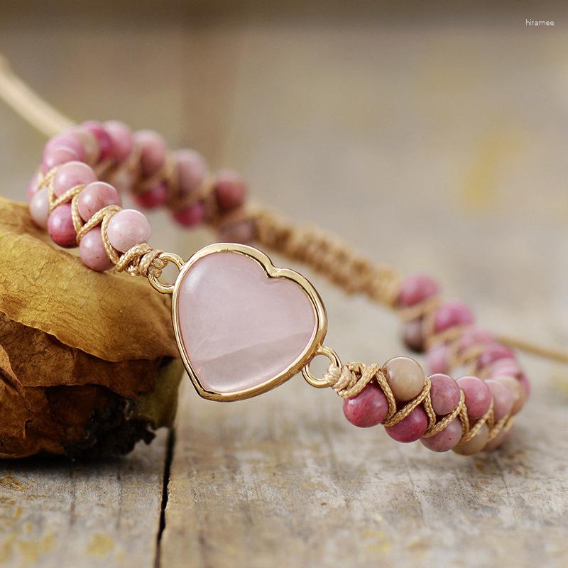 

Link Bracelets Fashion Red Peach Double Rows Rope Wrapped 4mm Natural Gemstone Braided Heart Shape Jasper Power Bracelet Handmade Girls