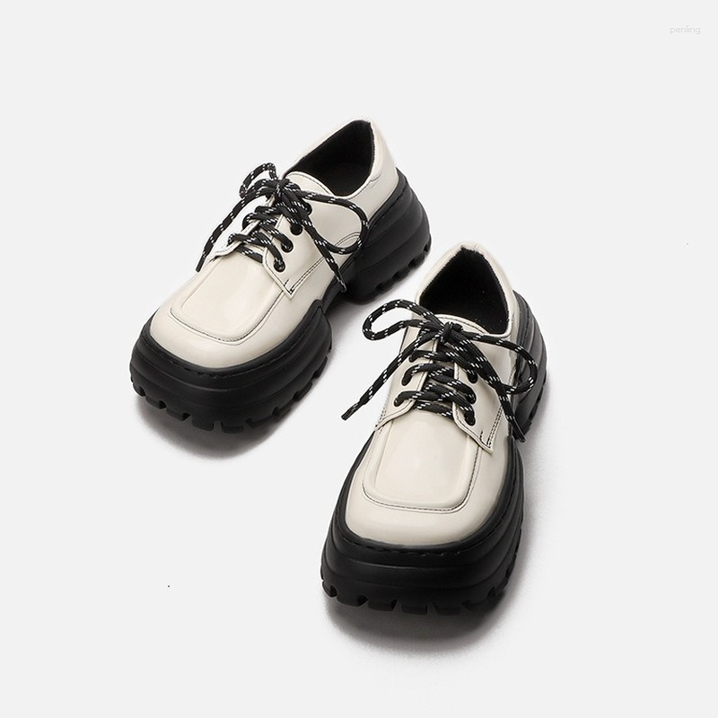 

Dress Shoes 2023 Square-toe Small Leather Women's Thick-soled College Style Single Shoelace Straps Sports Large Head Casual, Black