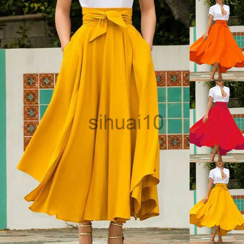 

Skirts Women Solid Color Red Brief Pleated High Waist Flared Pleated Long Maxi Skirt Full Length J230621, Yellow
