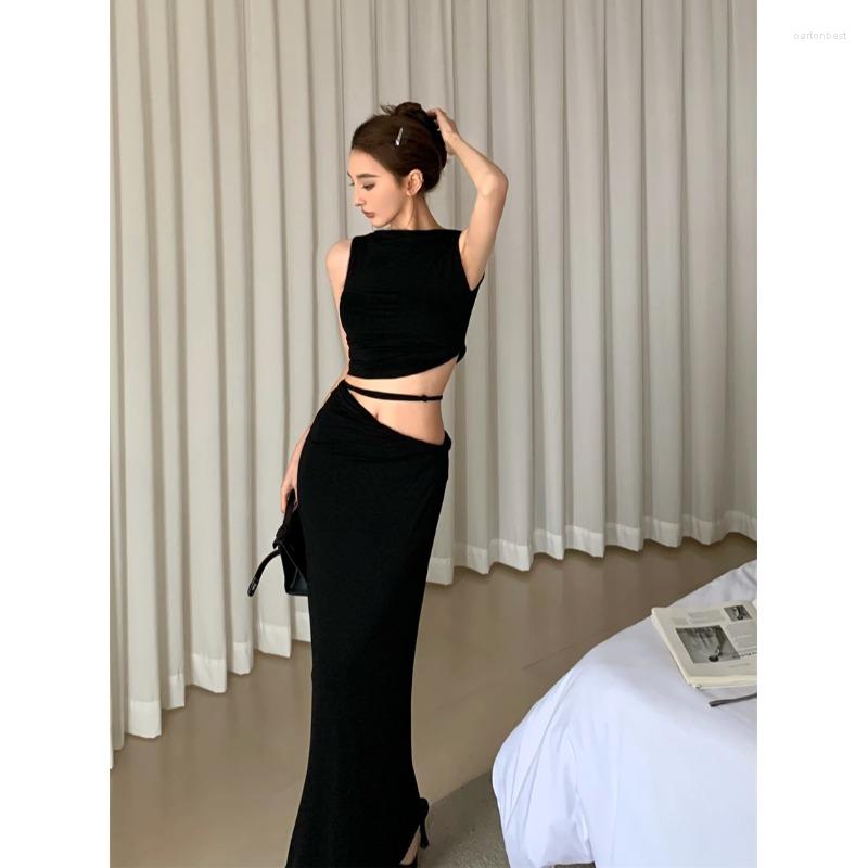 

Work Dresses Sexy Girl Suit Women' Summer Sleeveless Tank Top High Waist Wrapped Hip Long Skirt Two-piece Set Fashion Female Clothes, Brown set