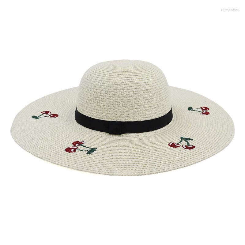 

Wide Brim Hats 400 Pcs/pack Summer Foldable Large Beach Sun Ladies With Embroidery Cherry Womens Floppy Straw Hat Holiday Sunhat, Dark grey