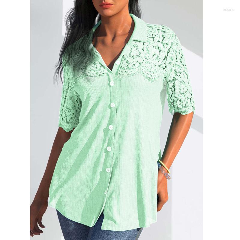 

Women' Blouses Half Sleeve Elegant Chiffon Blouse Lapel Women' Fashion Lace Stitching Shirt Button Up Tops Mujer Lady Clothes Blusas, Black