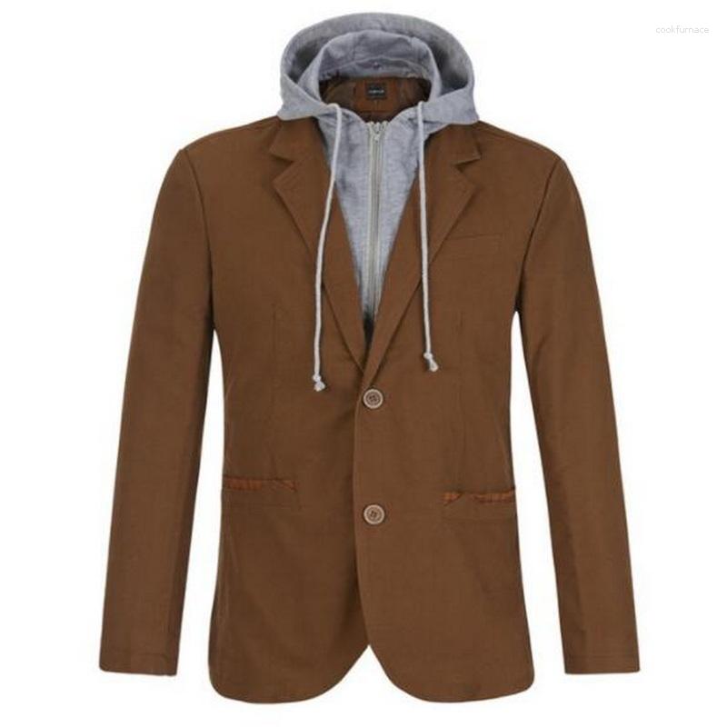

Men's Suits Men's Blazers Hooded Jacket Men Suit Fake Two Pieces Single Removable Cap, Black