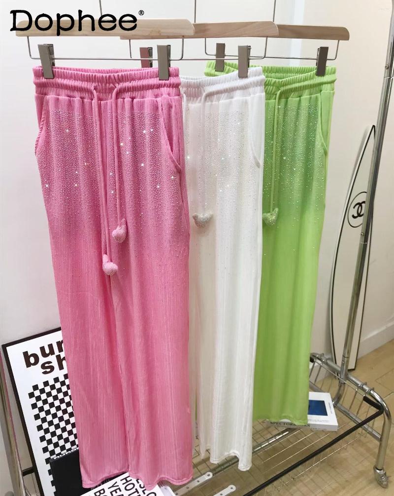 

Women's Pants Heavy Industry Rhinestone Drawstring Candy Color Cool Drooping Straight Sweet Loose Slimming Casual Summer Trousers, Pink