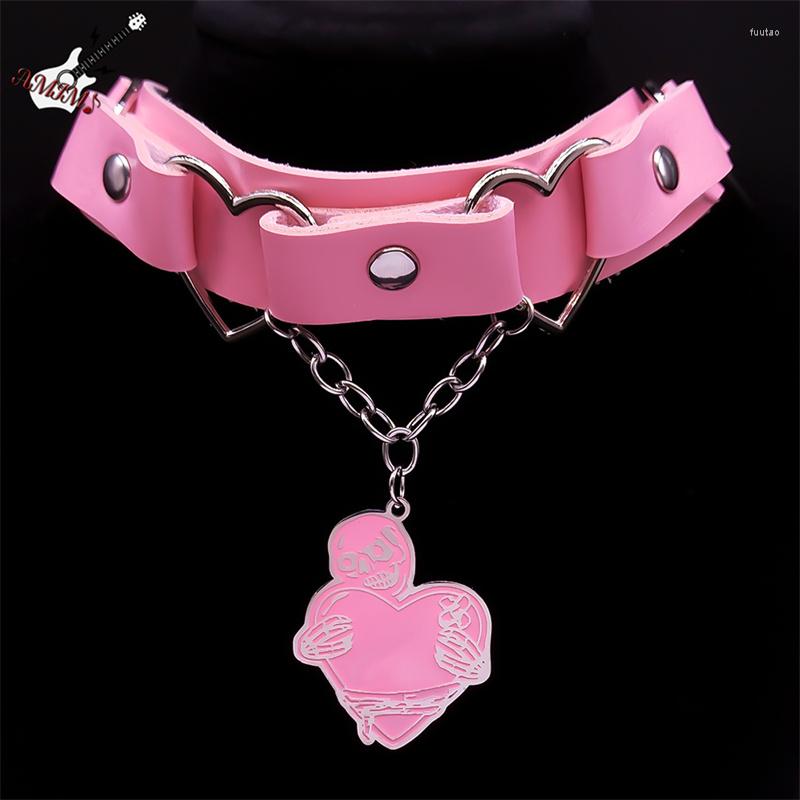 

Pendant Necklaces Pink Sexy Trendy Rock Gothic Collar Leather Heart Skeleton Harajuku Punk Choker Goth Necklace For Women Gift Jewelry