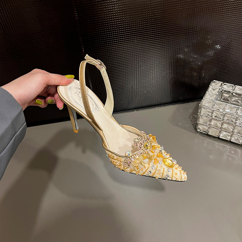 

Wedding Bridal Shoes Woman High Heel Shoes With Crystal Beaded Luxury Designer Heels Cinderella Pumps Pointed Toe Rhinestones Summer Stiletto Shoes, White