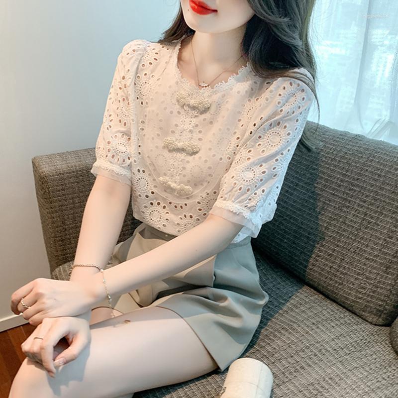 

Women' Blouses 2023 Short Sleeve Lace Blouse Women Tops Casual White Crochet Hollow Out Cropped Women' Shirt O Neck Female Blusas