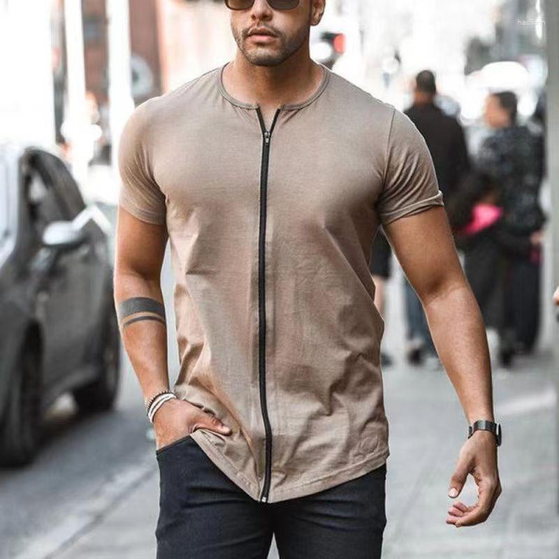 

Men's T Shirts Fashion Summer Men Zipper Short Sleeve T-shirts Solid Color Milk Silk Fabric Tees Tops Casual Slim Fit Clothes, A001