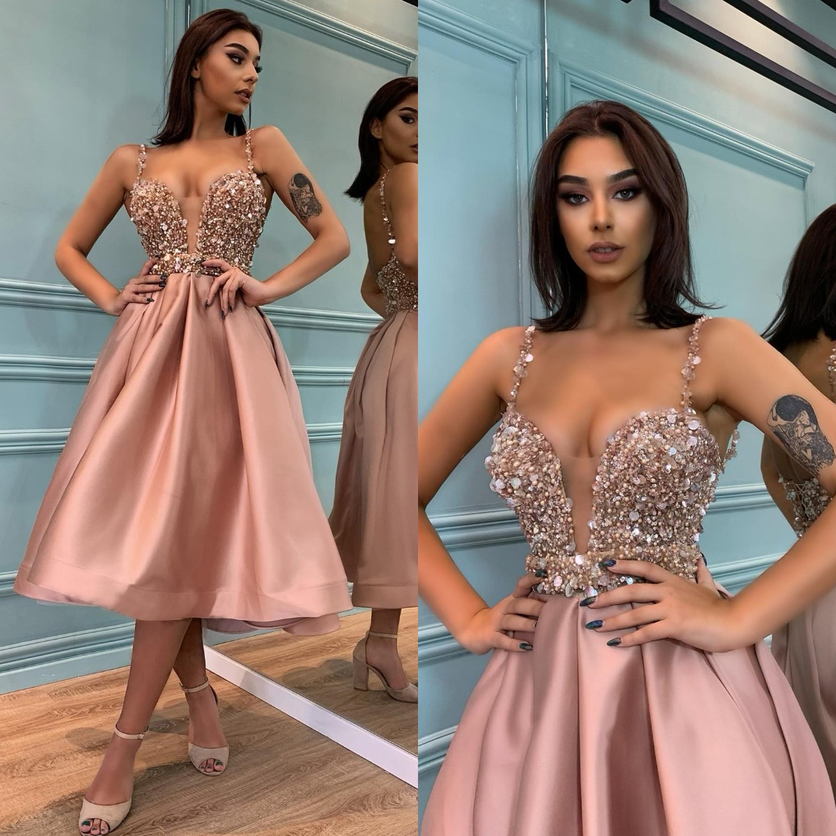 

Fashion Designer Pink Prom Dresses Straps V Neck Sequins Cocktail Dress Pleats Tea Length Formal Red Carpet Special Occasion Short Party dress, Same as picture