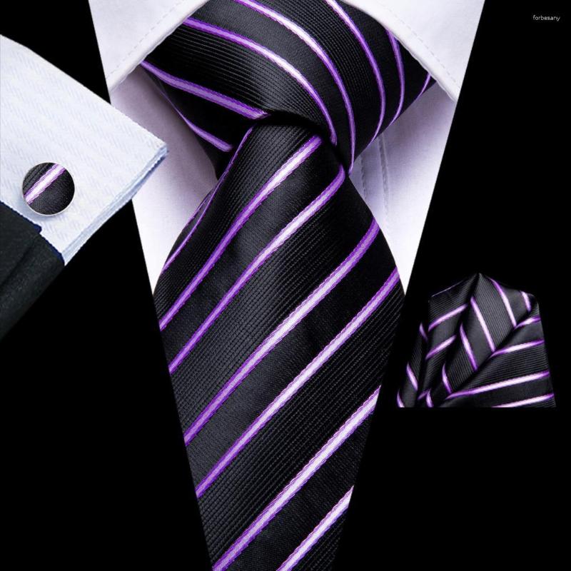 

Bow Ties Hi-Tie Black Purple Striped Silk Wedding Tie For Men Handky Cufflink Fashion Novelty Design Necktie Business Party