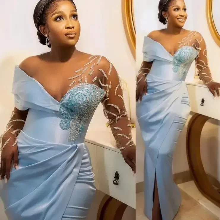 

Baby Blue Satin Mermaid Prom Dresses Sheer Long Sleeves Beaded Sexy Front Split Formal Evening Occasion Gowns for Arabic Women, Dark green