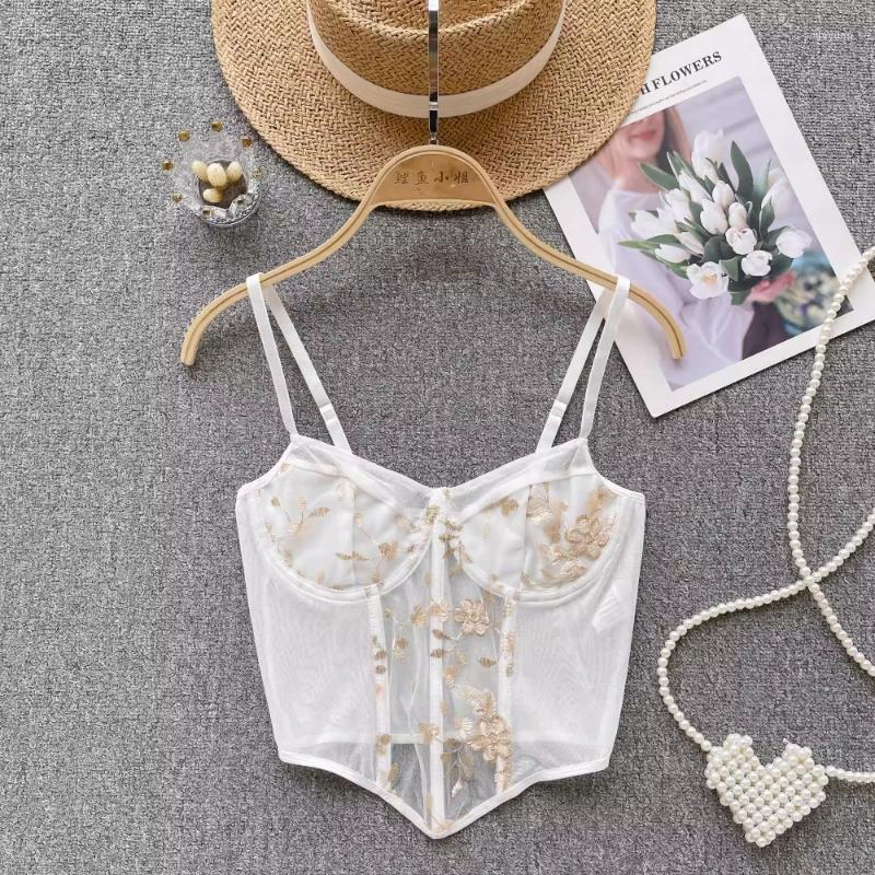 

Women's Tanks Corset Crop Tops Embroidery Patchwork Tank Top For Women Skinny Spaghetti Strap Chic Camisole Female French Style Drop, White