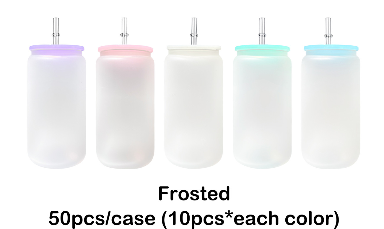 

Blank Sublimation 16oz Glass Can with PP Lids Tumbler shape Bottle with Lid and Straw Summer Drinkware Mason Jar Juice Cup, Multi-color