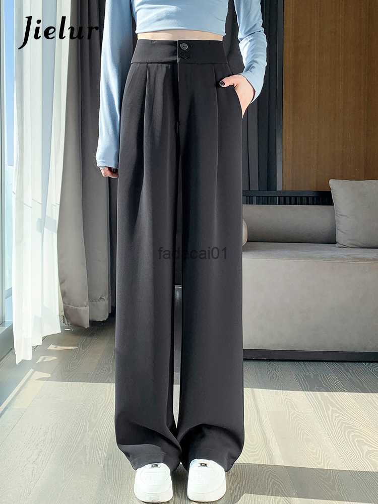 

Jielur Summer Loose Suit Pants High Waist Slim Straight Womens Wide Leg Pants Solid Color Double Buttons Simple Female Trousers L230621, Black