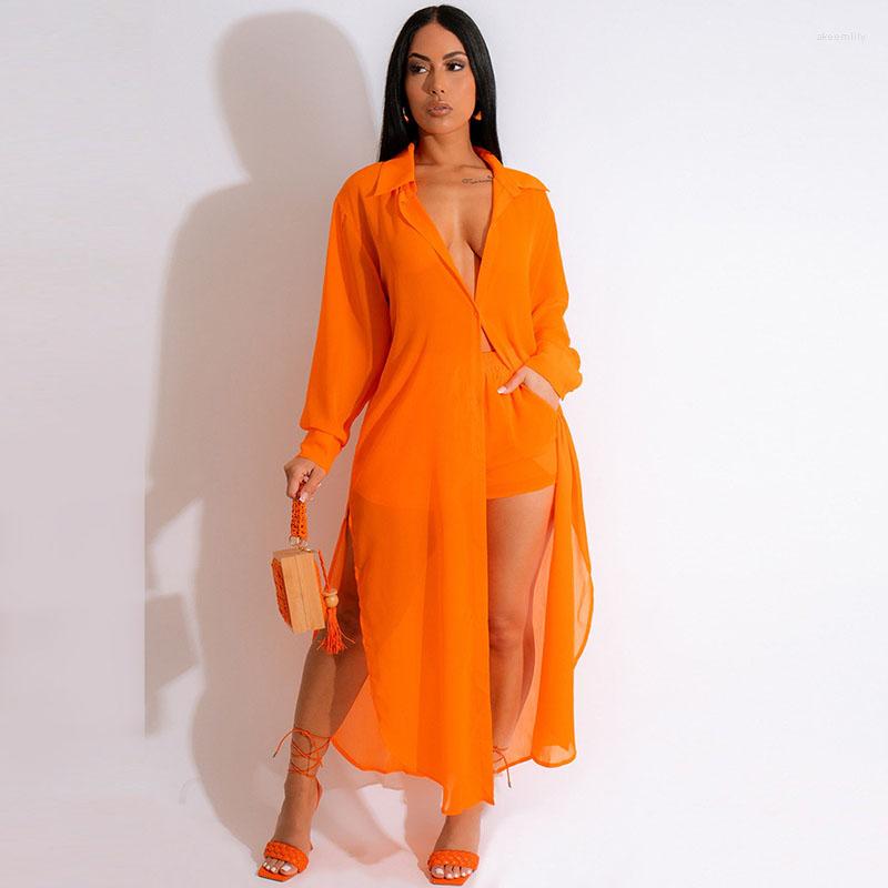 

Women' Tracksuits Sheer Chiffon Two Piece Set For Women Summer 2023 Long Sleeve Side Split Shirt Top And Shorts Sets Womens 2 Outfits Club, Black