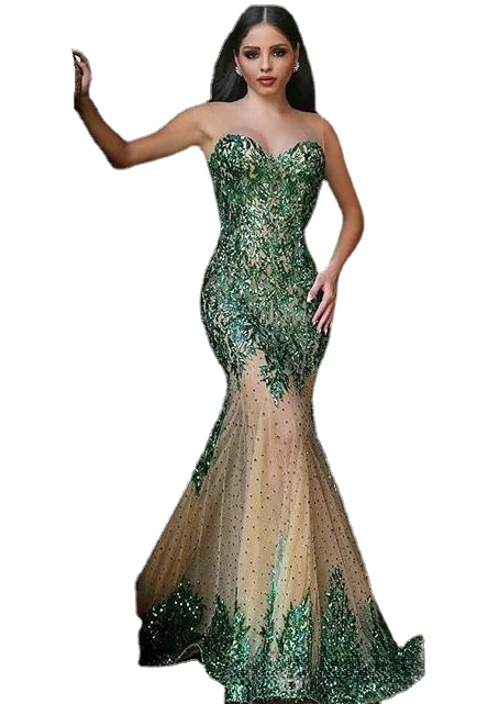 

New Arabic Style Emerald Green Mermaid Evening Dresses Sexy Sheer Crew Neck Hand Sequins Elegant Said Mhamad Long Prom Gowns