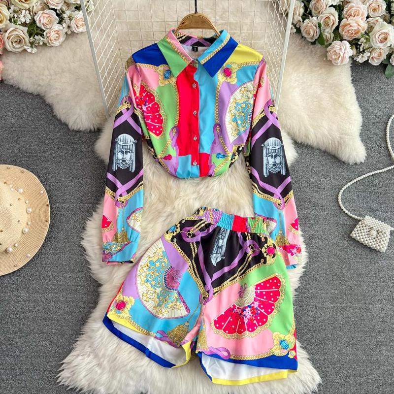 

Women's Tracksuits 2023 Summer Women 2 Pieces Shorts Set Runway Fashion Long Sleeve Vintage Print Blouse Shirts High Waist Pc Suit M6283, Blue