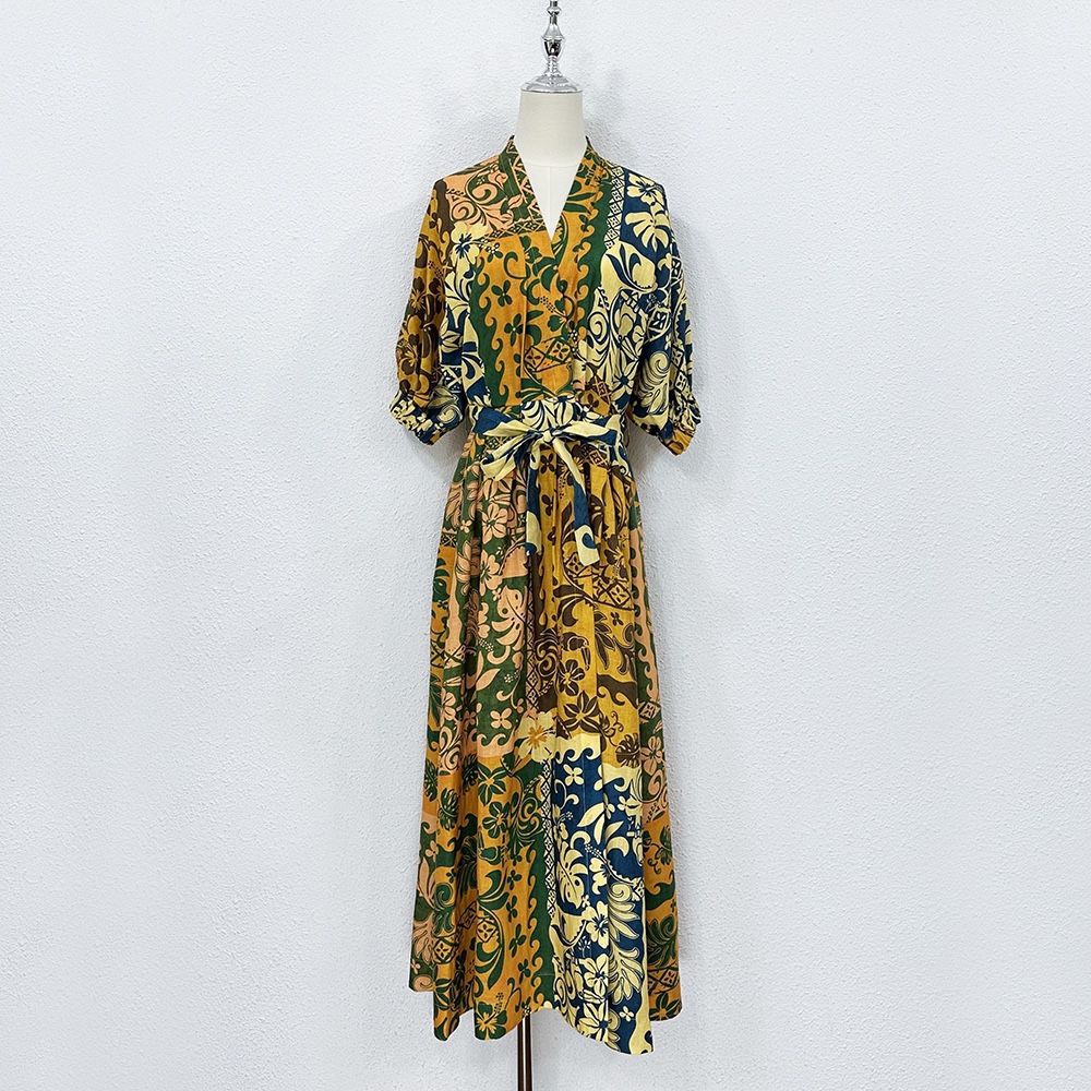 

Australian designer Summer Dress women designer clothing retro ethnic style V-neck loose waistband linen print wrap dress, Yellow