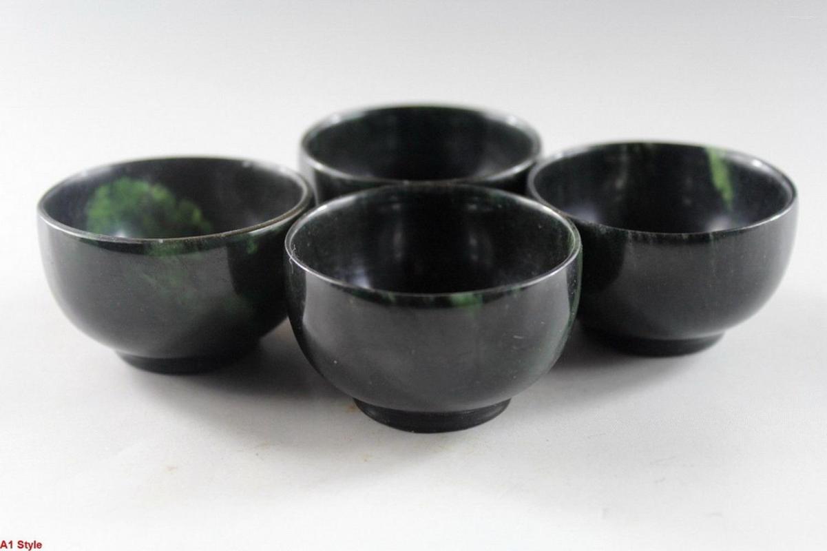 

Jewelry Pouches 2 Style 4PCS Wholesale Chinese Hand Carved Dark Green Jade Four Small Tea Cup