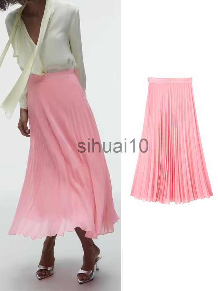 

Skirts 2023 Women Spring Summer Elegant Chic Solid Color Pleated Midi Skirt High Waist Luxury Fashion Female Pink Skirts Faldas Mujer J230621