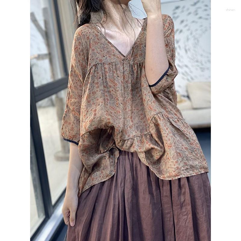 

Women's Blouses 2023 Arrival Summer Women Loose Casual Vintage Print V-neck Three Quarter Sleeve Blouse Cotton Linen Patchwork Shirts P439, Blue