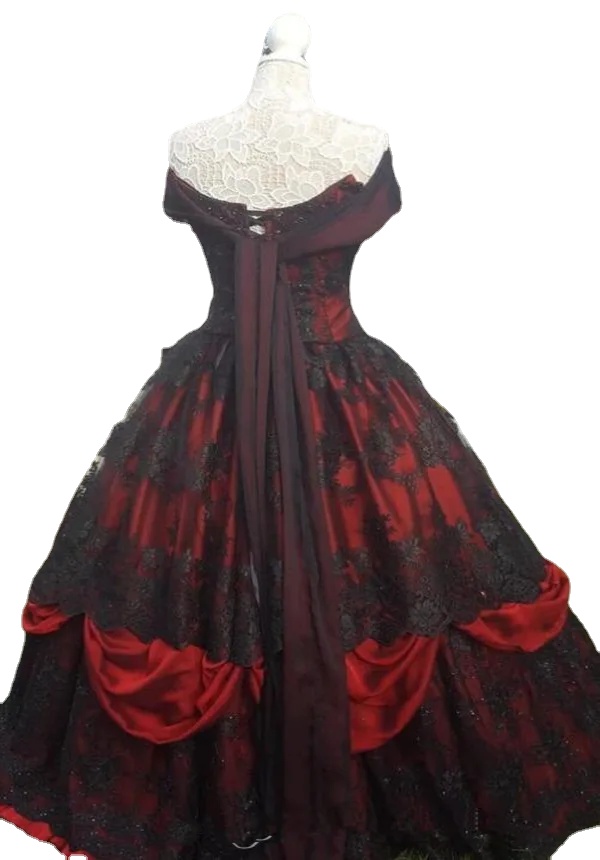 

Gothic Belle Red black Upscale Fantasy Wedding Dresses Gown Lace Applique Exposed Boning Corset Lace Applique Beading Victorian masquerade, Coral