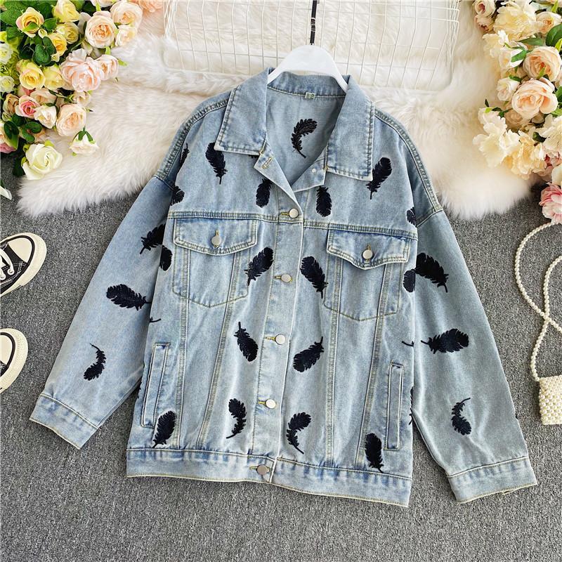 

Women's Jackets Harajuku Women's Denim Jacket Autumn Vintage Embroidery Feathers Loose Jeans Korean Style Casual Oversize Female Outwear, Blue