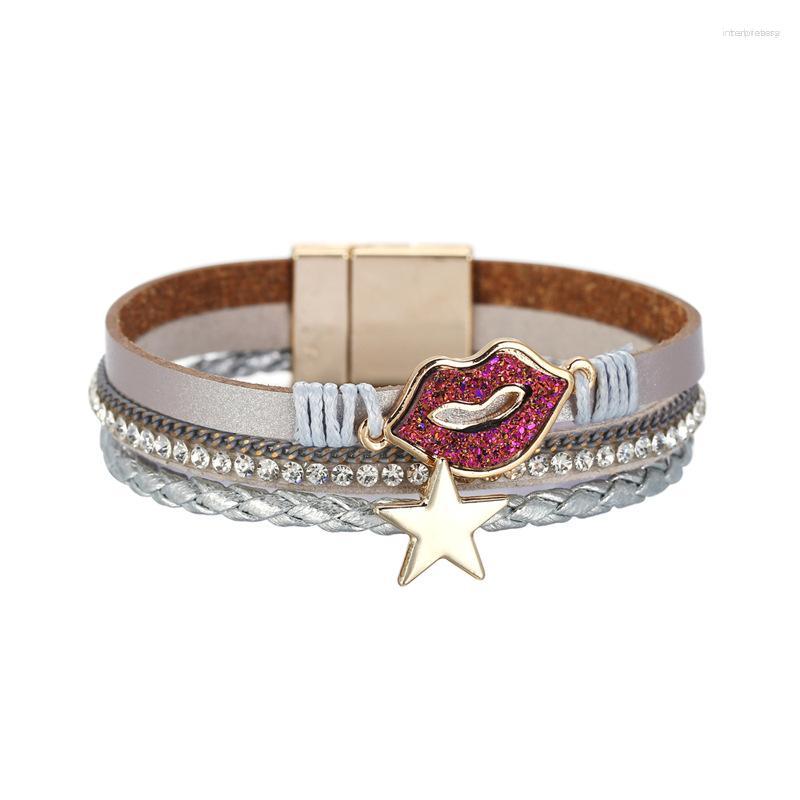 

Bangle ORNAPEADIA Ladies Fashion Bracelet Lips Stars Diamond Woven Leather Dark Black Multilayer Magnetic Clasp