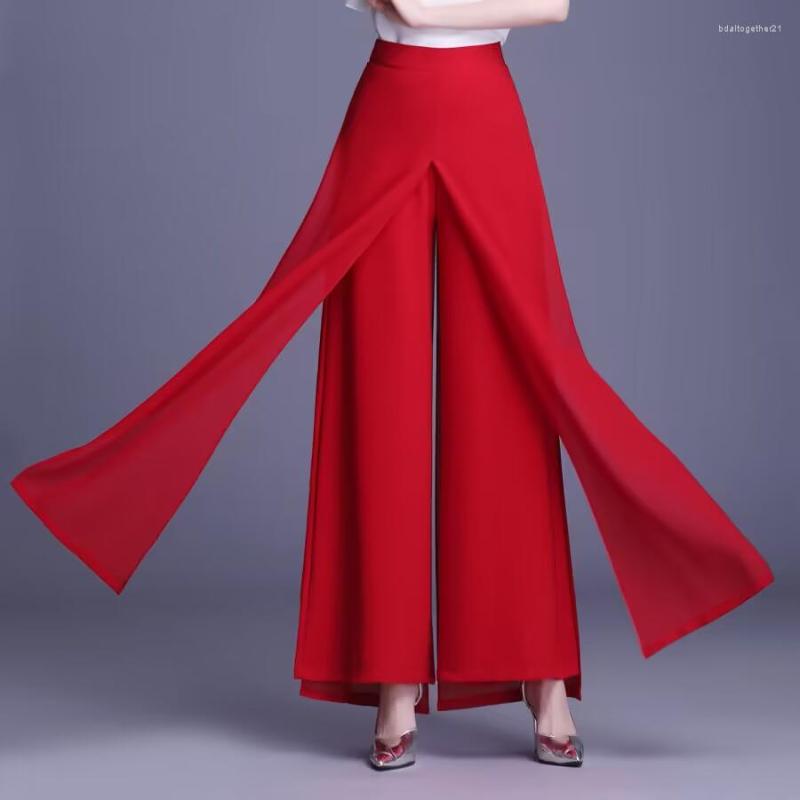 

Women' Pants Women Patchwork Chiffon Trousers 2023 Spring Summer Lady Wide Leg Split, Black