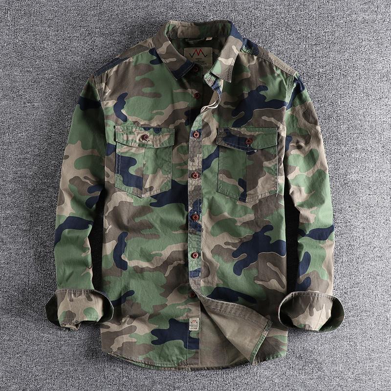 

Men's Casual Shirts Military Youth Shirt Men's 2023 Pockets Workwear American Clothing Camouflage Versatile Sleeve Men Double Long, Green camouflage