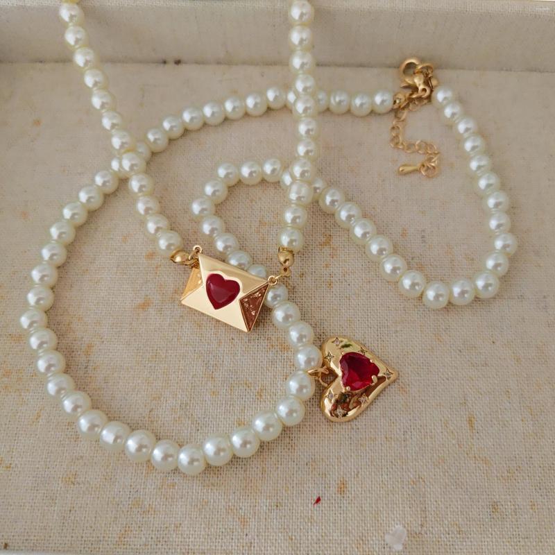 

Pendant Necklaces Red Cz Stone Heart Envelope Necklace For Women Pearl Beaded Y2k Jewelry Cute Kawaii 2000s Aesthetic Fashion
