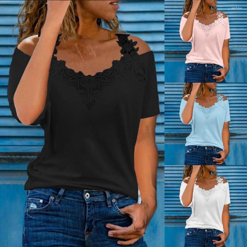 

Women's Blouses Summer Sexy Lace Short Sleeve Off Shoulder V-Neck Women T-Shirts Ladies Floral Print Street Tops Female Casual Loose T-Shirt, Blue
