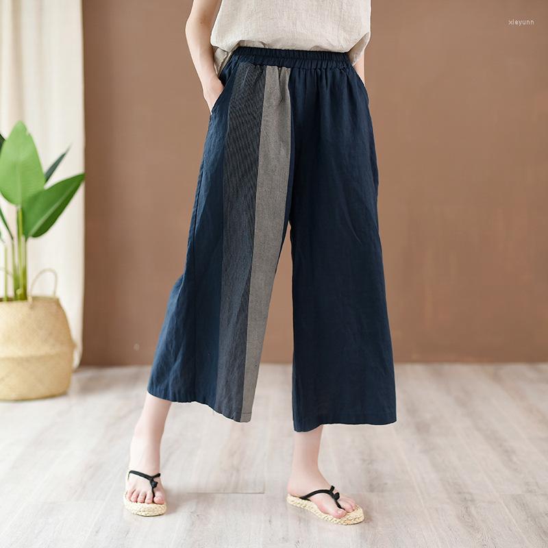 

Women's Pants Women Cotton Linen Elastic Waist Wide Leg 2023 Summer Calf Length Trousers Female Spliced Patchwork Vintage, Dark blue