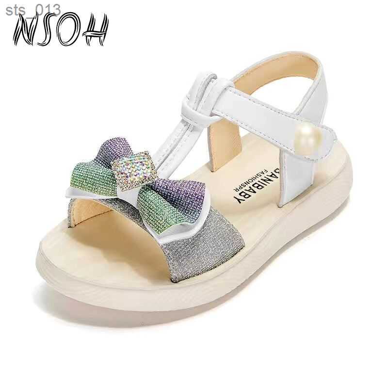 

NSOH Girls Sandals Sparkly Princess Kids Shoes Non-slip Lightweight Bow Girls Summer Sandals Childrens Party Shoes L230518, White