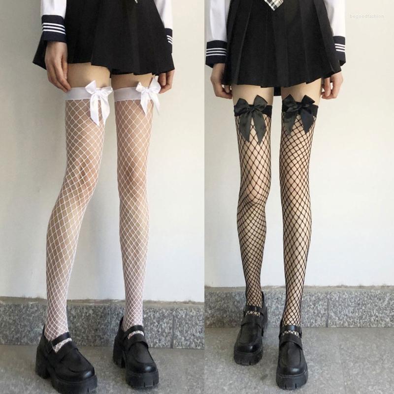 

Women Socks Sexy Fishnet Thigh High Stockings With Sweet Satin Bowknot Japanese Anime Hollow Out For Cross Mesh Net Cosplay, Black