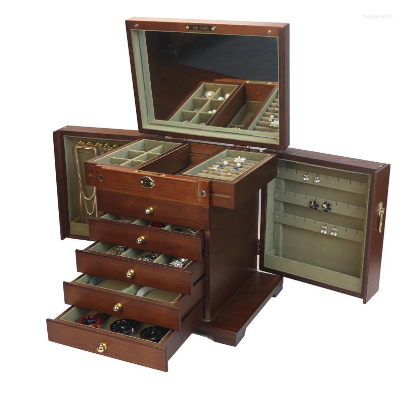 

Jewelry Pouches 6Layer Wooden Box Antique Multi-Function Large Capacity Lock Chinese Style Necklace Earrings Bracelet Storage Case