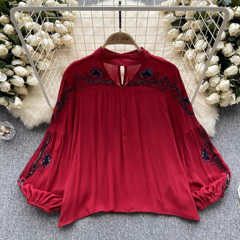 

Women's Blouses Spring Summer Lantern Sleeves Shirt Loose Embroidery Small Retro Bohemian Ethnic Top, Blue