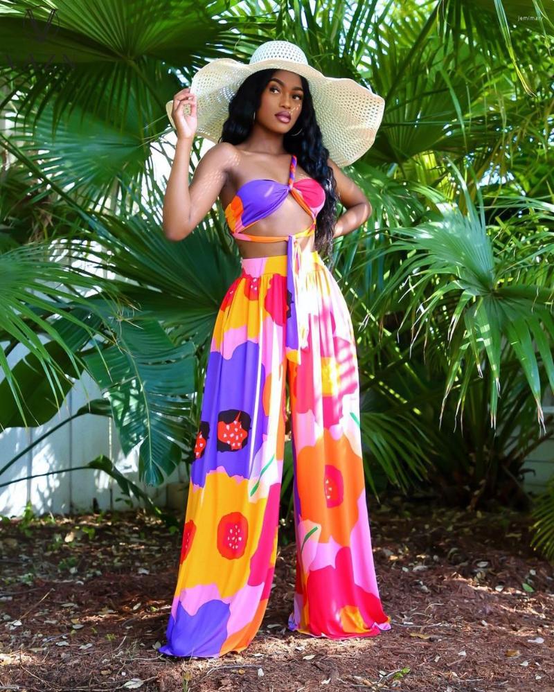 

Women' Two Piece Pants VAZN 2023 Top Quality Bohemian Sexy Chiffon Holiday Strapless Sleeveless Long Wide Leg Women Slim 2PCs Set Suits, Red