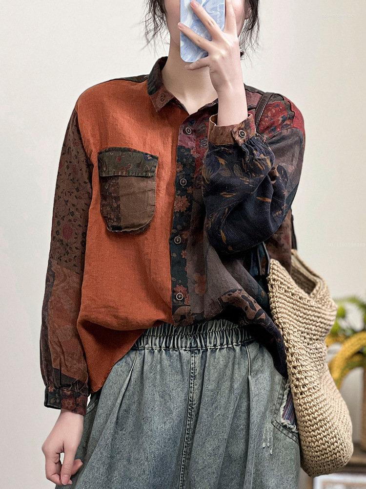 

Women's Blouses 2023 Spring Womens Loose Vintage Printed Chiffon Shirts Linen Clothes Ladies Luxury Casual Harajuku Floral Tops, 002