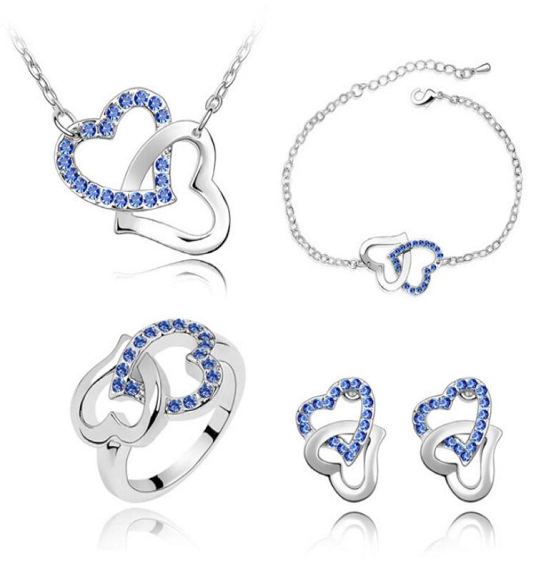 

18K White Gold Plated Austrian Crystal Double Heart Necklace Earrings Ring Bracelet Jewelry Set Wedding Jewelry for Women Bride Ni7598023