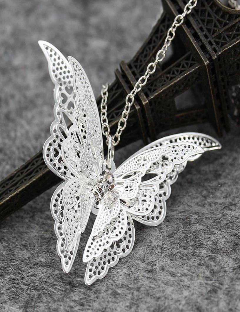 

New Women Lady Girl 925 Sterling Silver Plated Hollow Butterfly Necklace Rhinestones Pendant Fashion Jewelry Flying Wings Butterfl4865951