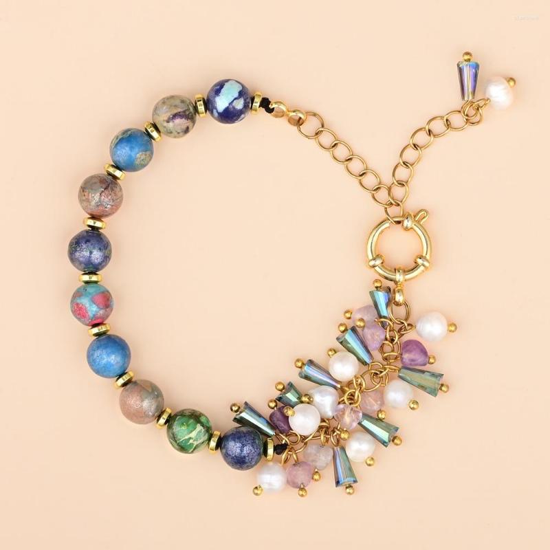 

Link Bracelets High-end Style Multicolor Jasper Stone Bracelet BOHO Crystal And Pearl Handmade Gift For Women Wholesale&Drop