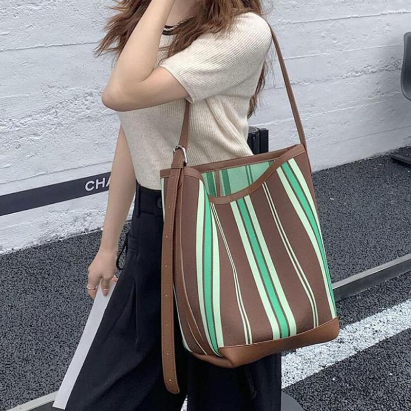 

Evening Bags Luxury Canvas Shoulder Bag Fashion Stripe Pattern Bucket Shopping Bolsa Casual Street Style Woman Tote, Black