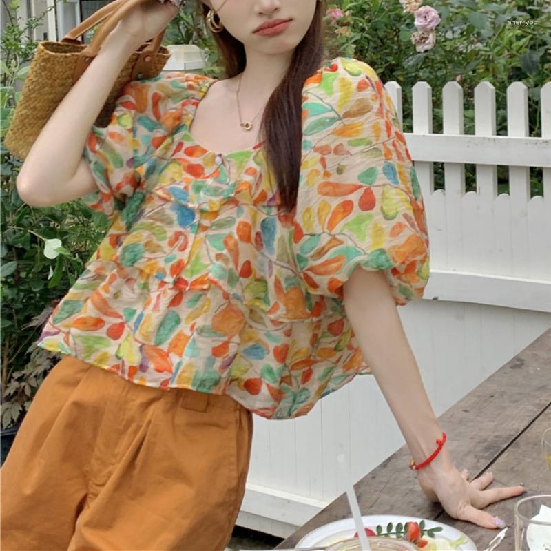 

Women's Blouses Womens Tops And Ruffles Floral Printed Women Blouse Puff-sleeve Blusa Feminina Square Collar Korean Fashion Drop, Orange