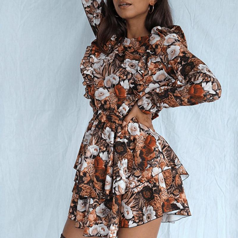 

Casual Dresses Vintage Elegant Floral Print Pleated A-line Dress Women' Slim Long Ruffled Sleeve Mini Party Vestidos High Street Femme, Black